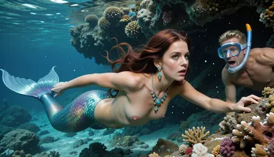 A hyper-realistic underwater scene shows a mermaid, 23 years old, gliding at full speed, just above the ocean floor, at a depth of six to seven meters, surrounded by natural rock formations and coral, her deep copper-red hair flowing behind her, catching the light as she moves, adorned with sparkling diamond, opal, and turquoise stones that complement the turquoise water and match her shimmering, iridescent tail. Her skin has natural texture, and her green eyes are focused ahead. In the background, hidden behind a large coral outcrop, approximately 20 meters away, well-built, tanned, blonde European snorkeler, a 30 years old, peers out, also deep underwater, holding onto the coral edge, wide eyes shocked behind his snorkel mask, He gapes his mouth wide in astonishment and loses the snorkel, as he watches the mermaid pass, unsure if she noticed him. The water surface is not visible, as this entire scene is immersed deep below, focusing solely on the underwater world, vibrant coral and rocks framing the scene, the mermaid’s motion creating gentle currents, while the snorkeler’s presence adds a hidden human element in the background.