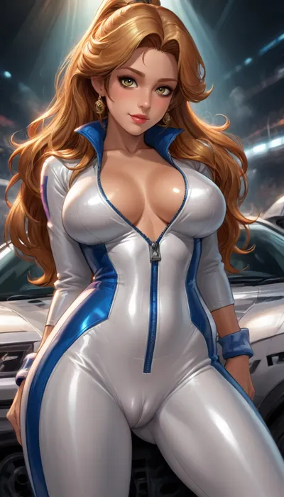 ((reiq style)), from head to thighs, beautiful woman, Caterina Sforza from Assassin's Creed II, pale skin, high ponytail, gorgeous, masterpiece, close up, (sexy pose), sweat, eyes looking at viewer, smile, blushing, 1girl, at racing track, (strong sunlight), long hair, mid parted hair, brown tan skin, (wearing yellow vinyl racing suit, partly unzipped:1.3), (camel-toe:1.2), (big breasts), (intense blushing), steam, solo