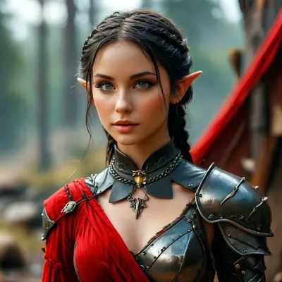 dark-fantasy, female elf knight, 20y old, (pointy elf ears:1.2), deep black braided hair, battle-ready armor, determined stance, natural beauty, dynamic, /KlTTY-ART/, <lora:COMFYUI_mimic_landscape_-_XL_SDXL v2.0:.7>, full body view, <lora:attractive_notrigger:.8>, <lora:PerfectEyesXL:.6>, <lora:MJ52:1>, pearl necklace, red fabric under armor, red detail on armor, looking sideways off camera, flat chest