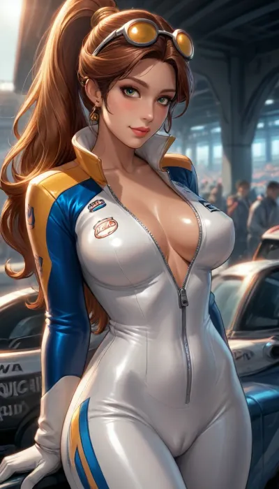 ((reiq style)), from head to thighs, beautiful woman, Caterina Sforza from Assassin's Creed II, pale skin, high ponytail, gorgeous, masterpiece, close up, (sexy pose), sweat, eyes looking at viewer, smile, blushing, 1girl, at racing track, (strong sunlight), long hair, mid parted hair, brown tan skin, (wearing yellow vinyl racing suit, partly unzipped:1.3), (camel-toe:1.2), (large breasts), (intense blushing), steam, solo, ratatatat74