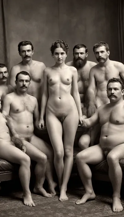 (only black and White Vintage antique Photo), A very excessive skinny naked woman and some Fat men 1890 hairstyle, sex on Sofa, Gangbang, a very old photo. Realistic photo, ((vintage b&w photo from 1890)), a masterpiece. high details, upper Body only, Legs spread wide, Open swollen realistic Pussy, A very dynamic, high-quality shot. Excellent quality, very wet white pantaloons, happy, sad, Albumen, Print, page, <lora:happy_v2:2>, <lora:old_world:2>, <lora:Dramatic_penis_SDXL:.8>