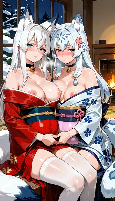 lesbian, ((2woman)), (1 snow leopard woman), (1 snow fox woman), (((best snow leopard woman, woman long white hair, woman long leopard hair))), messily braided plait over her shoulder, beautiful cat eyes, medium breasts, milky nipples, Milk is leaking from the nipples, pregnant belly, big ass, snow leopard tail, kimono with snowflake motifs, white stockings, choker with small bell, blushing, .

snow fox woman, (((best snow fox woman, woman long white hair, woman long fox hair))), .

snow covered forest, sitting next to a rustic open fireplace, hunting lodge, night, winter, .

A woman lovingly strokes her belly with her hand, One snow fox woman kisses the belly of a snow leopard woman, (lustful glance), (woman licks her finger lustfully), .

Fleshy, lips, Puffy, Detailed, 2girls, (kancolle\), kantai, collection, eyes, red, kimono, print, floral, flower, obi, bow, furisode, wide, sleeves, long, nipple, slip, <lora:Lips._Fleshy_lips_Anime-000009:.8>, <lora:akagi_ny_animaginexl_2-10:.8>, <lora:nipple slip tight clothes XL V2:.8>