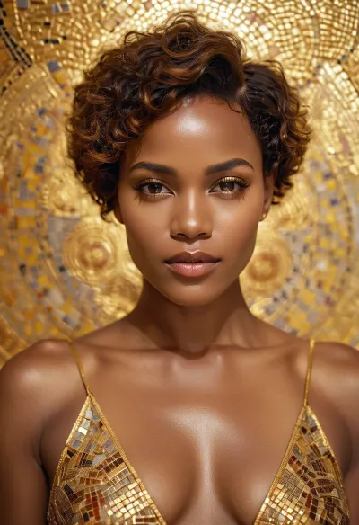 Hyper-realistic studio photograph, 8k, A portrait of a stunningly beautiful African woman, (short hair), striking features, radiant skin, dressed in negligee of sheer translucent silk, (in a setting inspired by Klimt, Byzantine gold mosaic tile patterns, geometric gold ornamentation, Klimt gold leaf), (close-up), dramatic studio lighting, sharp focus on the face, Canon EOS R5, 85mm f/1.4. Masterpiece, photorealistic