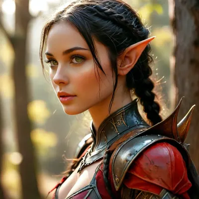 dark-fantasy, female elf knight, 20y old, (pointy elf ears:1.2), deep black braided hair, battle-ready armor, determined stance, natural beauty, dynamic, /KlTTY-ART/, <lora:COMFYUI_mimic_landscape_-_XL_SDXL v2.0:.7>, full body view, <lora:attractive_notrigger:.8>, <lora:PerfectEyesXL:.6>, <lora:MJ52:1>, red detail on armor, looking sideways off camera, flat chest, small breasts with stiff nipples, sucking a human large penis, elongated graceful mouth and chin