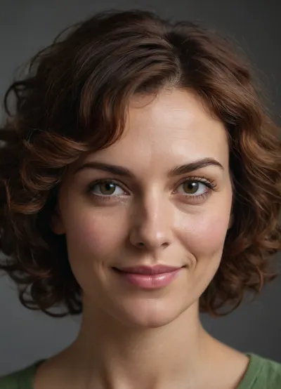 Ultra-detailed photorealistic portrait of a mature European woman, age 45–50, with a long narrow oval face and intelligent expressive eyes. Face noticeably longer than wide, soft tapered jawline, delicate rounded chin, subtle cheekbones without angularity. Fair neutral-warm skin with realistic texture, visible pores, faint under-eye lines and natural nasolabial folds. Medium-sized hazel-brown eyes with soft green undertones, slightly rounded shape, heavy upper eyelids, emotionally attentive gaze. Eyebrows medium-thick, natural, softly angular, positioned relatively low above the eyes. Long narrow straight nose with refined bridge and softly rounded tip. Lips highly characteristic, thin upper lip, fuller lower lip, natural muted berry-pink tone. Warm genuine smile showing upper teeth naturally, slight asymmetry in mouth corners, expressive cheeks lifting softly. Thick chestnut-brown curly hair with warm copper undertones, layered shoulder-length curly bob with dense natural volume around temples and sides of the face. Intelligent, emotionally warm, psychologically observant appearance. Natural candid photography aesthetic, cinematic realism, documentary portrait style, soft daylight, shallow depth of field, 85mm lens, realistic mature beauty, subtle asymmetry, no glamour retouching, ultra realistic skin detail, photorealistic RAW photo.