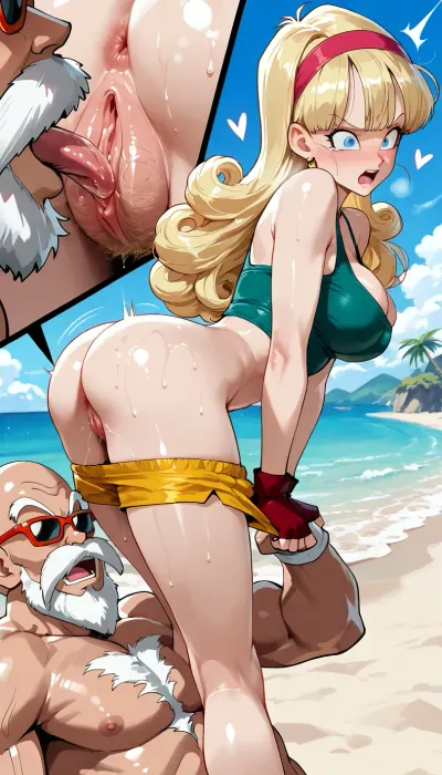 perfect anatomy, perfect hands, side view, on a tropical beach, pussy vagina, (Close-up), (getting licked all over her body by three small and skinny old men muten roshi:1.2), cunnilingus, dynamic pose, tongue pussy, sweat, nsfw, on a beach on a distant island, motion lines, heart, Beautiful launch from dragonball, blue eyes, (wearing her pulled to the chest green top, yellow shorts pulled down:1.2), (very long and luscious curly blonde hair:1.2), (surprised look, mouth opened:1.2), small teardrop breasts, skinny body, long legs, naked feet, disgust, embarrassed, (very hairy pussy:1.3), glising skin, shiny skin, detailed face, super ultra detailed, super high resolution, (texture), MasterRoshi1024, bald, old, man, sunglasses, beard, evil_launch, blonde, hair, long, hairband, curly, red, ribbon, green, tank, top, yellow, shorts, fingerless, gloves, <lora:detailed_notrigger:.5>, <lora:MasterRoshi1024:.8>, <lora:Bulma1024:.5>, <lora:Evil_Launch_Diffusion_SD_XL-05:.8>