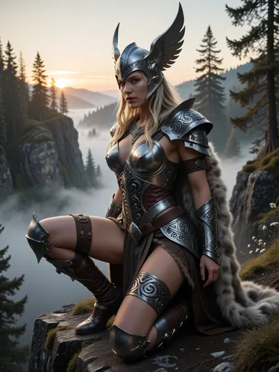 A majestic Scandinavian Valkyrie on one knee, atop a cliff of a mist-covered mountain forest at dawn, her long blonde hair partially visible beneath a gleaming winged helmet. She wears intricate Nordic armour of polished silver and leather, leaving her thighs exposed, with intricate Nordic patterns etched into her armour that catch the soft, diffused morning light, and a fur cloak. The fog swirls around towering pine trees and jagged rocks, creating a mystical, ethereal atmosphere. Warm golden sunlight mixes with cool grey fog, casting subtle highlights and deep shadows. The composition is cinematic, centred on the Valkyrie in a three-quarter view. Highly detailed textures in metal, fabric, and hair. Mood is heroic and serene, evoking quiet strength. High quality, high detail.