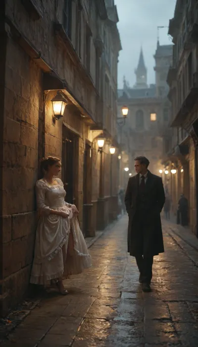Victorian era, side street at night, (((WOMAN leaning on wall, lifting the floor of her dress, flashing her pussy at MAN walking past))), Victorian, London, Empire, score_7_up, score_6_up, Dynamic lighting, natural lighting, key light, side light, score_10_up, score_9_up, <lora:MJ52:1.5>, <lora:Empire_SDXL_OnSite:1.8>