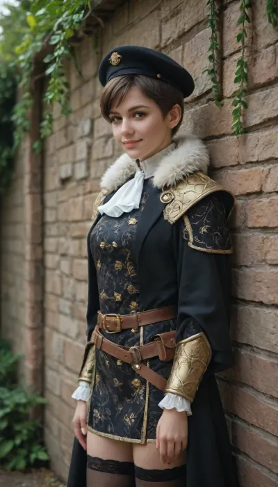 wall, gate, arched gate, hanging vines, masterpiece, best quality, amazing quality, very aesthetic, high resolution, ultra-detailed, absurdres, newest, scenery, 1girl, solo, cowboy shot, very short hair, pixie cut, brown hair, smile, looking at viewer, rdmempyrean, red tricorne, hat feather, high collar, white ascot, white fur trim, red and black coat, gold trim, patterned clothes, shoulder armor, vambraces, belt, belt pouch, coattails, tailcoat, black thighhighs, zettai ryouiki