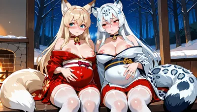lesbian, ((2woman)), (1 snow leopard woman), (1 snow fox woman), (((best snow leopard woman, woman long white hair, woman long leopard hair))), messily braided plait over her shoulder, beautiful cat eyes, medium breasts, milky nipples, Milk is leaking from the nipples, pregnant belly, big ass, snow leopard tail, kimono with snowflake motifs, white stockings, choker with small bell, blushing, .

snow fox woman, (((best snow fox woman, woman long blond hair, woman long fox hair))), .

snow covered forest, sitting next to a rustic open fireplace, hunting lodge, night, winter, .

A woman lovingly strokes her belly with her hand, One snow fox woman kisses the belly of a snow leopard woman, (lustful glance), (woman licks her finger lustfully), .

Fleshy, lips, Puffy, Detailed, 2girls, (kancolle\), kantai, collection, brown, eyes, red, kimono, print, floral, flower, obi, bow, furisode, wide, sleeves, long, nipple, slip, <lora:Lips._Fleshy_lips_Anime-000009:.8>, <lora:akagi_ny_animaginexl_2-10:.8>, <lora:nipple slip tight clothes XL V2:.8>