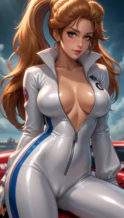 ((reiq style)), from head to thighs, beautiful woman, Caterina Sforza from Assassin's Creed II, pale skin, high ponytail, gorgeous, masterpiece, close up, (sexy pose), sweat, eyes looking at viewer, smile, blushing, 1girl, at racing track, (strong sunlight), long hair, mid parted hair, brown tan skin, (wearing yellow vinyl racing suit, partly unzipped:1.3), (camel-toe:1.2), (big breasts), (intense blushing), steam, solo