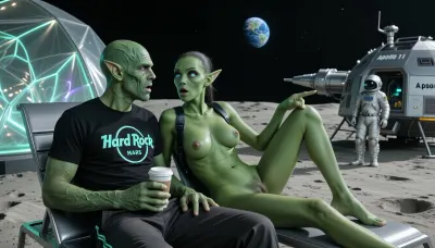 A hyper-realistic, cinematic scene on the Moon’s surface shows a serene alien couple on a futuristic vacation, both identical in appearance, with rich green skin, intricate facial wrinkles, and large, expressive turquoise eyes, their ears pointed and elongated, their entire skin is rich green, both wearing matching casual futuristic outfits, the male wears a black t-shirt with a glowing “Hard Rock Café Mars” logo, he holds a cup of coffee, green skinned, he looks shocked, and the hot naughty green skinned nude female, (she has three detailed tits), opened legs, they sit in sleek, metallic sun loungers, with a shimmering, translucent alien tent next to them, glowing softly with bioluminescent patterns, their green bodies are slightly forward as they look at each other in shock, female pointed over her shoulder at the distant human spacecraft, which rests about 60 to 70 meters behind them, the astronaut emerges from the iconic Apollo 11 lunar module, with printed letters "Apollo 11", a small but highly detailed figure, capturing the historic 1969 moon landing, the Earth appears in the background as a small, vibrant blue orb, floating in the dark sky, the lunar ground is fine dust, marked by subtle footprints, the lighting is soft and natural, casting long shadows, and the composition divides clearly, with the alien couple on the left, gazing to the right, where the spacecraft lies deep in the frame, the Earth above them is a constant reminder of home, and the scene evokes the historic Apollo mission, blending wonder, history, and alien curiosity in a perfect, timeless snapshot of discovery