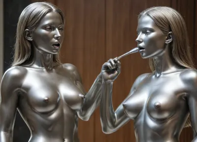 The girl is cast from stainless steel maximum realism exactly matches the description The statue is a completely naked all-metal virgin with large spherical breasts and long nipples polished to a mirror shine, (very detailed open pussy made of rainbow metal:1.3), beautiful facial features with long shiny eyelashes, (metal:1.9), artoflips, uoclips, lips, lipstick, art, of, ((cast from stainless steel)), ral-polishedsteel, wood, statue, marble, bronze, cunnilingus, 2girls, girl, licking, pussy, <lora:ral-polishedsteel-sdxl:2>, <lora:Statue_XL:2>, <lora:Cunnilingus XL:.8>