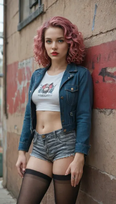semi-realistic photo illustration, side angle, one woman, gravure, cowboy shot, warp your upper body, standing against an inorganic concrete wall, Long Pink Hair, curled hair, Beauty, blue eyes, thin, Double eyelids, and smoke a cigarette, Smoke from the tip of a cigarette, pink cheek, crimson lipstick, braiding hair with one hand, staring at the viewers, ring, Ultra Hi-Vision, earrings, NAVY flight jacket with dropped shoulders, knitted crop top with tiger stripes, knitted shorts with tiger stripes, furry outfit, buttock, Black Knee High Stockings, movie poster on the wall, (masterpiece1.4), super top quality, Cinematic Lights, night mode, best image quality, (clothing texture:1.6), (masterpiece:1.6)