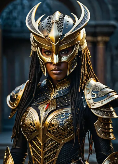 Photorealistic cinematic full-body portrait of a powerful female Predator warrior, highly detailed black and gold ornate armor, sleek black helmet with intricate golden decorative patterns and a sharp white-gold crest on top, glowing intense orange eyes, feminine version of the classic Predator mask with gold jaw and faceplate. Long thick black dreadlocks with gold rings and red beads flowing down her back and shoulders. Form-fitting black textured bodysuit with ornate golden chest armor featuring intricate filigree and embossed patterns, large ornate gold shoulder pauldrons, gold vambraces and gauntlets, wide gold belt with detailed central buckle, black mesh panels on arms and sides. She holds a sharp curved blade in her right hand. Confident powerful three-quarter standing pose, dramatic cinematic lighting with strong rim light and highlights on gold armor, deep shadows