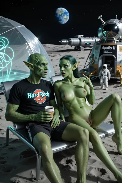 A hyper-realistic, cinematic scene on the Moon’s surface shows a serene alien couple on a futuristic vacation, both identical in appearance, with rich green skin, intricate facial wrinkles, and large, expressive turquoise eyes, their ears pointed and elongated, their entire skin is rich green, both wearing matching casual futuristic outfits, the male wears a black t-shirt with a glowing “Hard Rock Café Mars” logo, he holds a cup of coffee, green skinned, he looks shocked, and the hot naughty green skinned nude female, (she has three detailed tits), opened legs, detailed vagina, they sit in sleek, metallic sun loungers, with a shimmering, translucent alien tent next to them, glowing softly with bioluminescent patterns, their green bodies are slightly forward as they look at each other in shock, female pointed angrily over her shoulder at the distant human spacecraft, which rests about 60 to 70 meters behind them, the astronaut emerges from the iconic Apollo 11 lunar module, with printed letters "Apollo 11", a small but highly detailed figure, capturing the historic 1969 moon landing, the Earth appears in the background as a small, vibrant blue orb, floating in the dark sky, the lunar ground is fine dust, marked by subtle footprints, the lighting is soft and natural, casting long shadows, and the composition divides clearly, with the alien couple on the left, gazing to the right, where the spacecraft lies deep in the frame, the Earth above them is a constant reminder of home, and the scene evokes the historic Apollo mission, blending wonder, history, and alien curiosity in a perfect, timeless snapshot of discovery