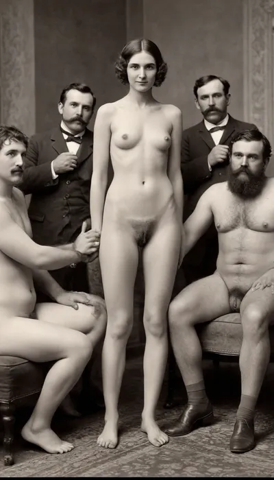 (only black and White Vintage antique Photo), A very excessive skinny naked woman and some Fat men 1890 hairstyle, sex on Sofa, Gangbang, a very old photo. Realistic photo, ((vintage b&w photo from 1890)), a masterpiece. high details, upper Body only, Legs spread wide, Open swollen realistic Pussy, A very dynamic, high-quality shot. Excellent quality, very wet white pantaloons, happy, sad, Albumen, Print, page, <lora:happy_v2:2>, <lora:old_world:2>