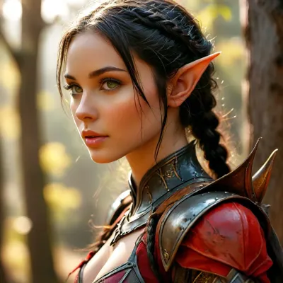 dark-fantasy, female elf knight, 20y old, (pointy elf ears:1.2), deep black braided hair, battle-ready armor, determined stance, natural beauty, dynamic, /KlTTY-ART/, <lora:COMFYUI_mimic_landscape_-_XL_SDXL v2.0:.7>, full body view, <lora:attractive_notrigger:.8>, <lora:PerfectEyesXL:.6>, <lora:MJ52:1>, red detail on armor, looking sideways off camera, flat chest, small breasts with stiff nipples, sucking a human large penis, elongated graceful mouth and chin