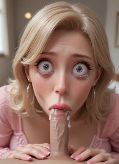 fellatrix artstyle, fellatrix style, POV, (milf, bimbo:1.9), sexy, blowjob, (eye contact), (wide eyes:2.3), (vacuum blowjob:1.7), big lips, (cum:1.3), (tears:1.8), (small penis:1.3), bra, long fingernails, foreskin
