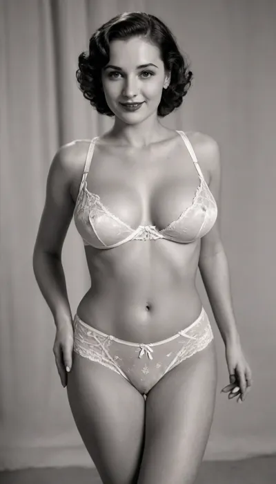 (black & white picture), . This is the page of a lingerie catalog of the 30's, we find the same model in each photo. She wears white lingerie typical of the 1930's. there are four photos in all. full body view, smile, (saggy breasts:1.5)