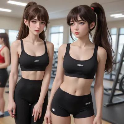 amber from genshin impact dross style girl, 18 years old, Russian, beautiful face, (brown hair), big lips, straight smooth hair, looks erotic, girl in the gym, in the gym, (abundant makeup:1.1), tight black short pants, sports top, photorealism, studio lighting, soft shadows, best quality, top model with long legs, noticeable abs, (hair gathered in a ponytail:1.2), curls fall in strands on the face, bangs on the face, S247_JuliaDamia, tifkeller, seph0ra