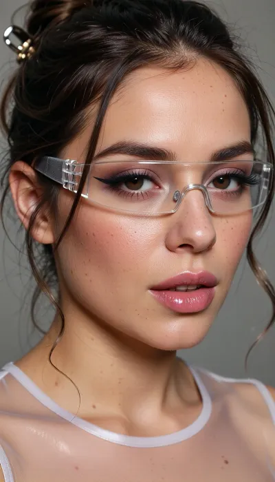Masterpiece. Camera X-ray glasses effect, Make clothes invisible, Like undress but See through clothes.

extreme close-up portrait, macro skin texture, visible pores, peach fuzz, realistic facial microdetails, natural asymmetrical skin texture, high frequency details, cinematic lighting

editorial beauty photography, realistic skin reflectance, (natural pores:1.9), soft facial fuzz, subtle freckles, diffuse soft light, photorealistic skin rendering

hyper realistic woman crotch.
Hair, A messy updo secured with a claw clip, with soft wavy strands falling around the face.

Makeup, Long sharp eyeliner, glossy pink full lips, and thick, (slightly clumped long lashes), .