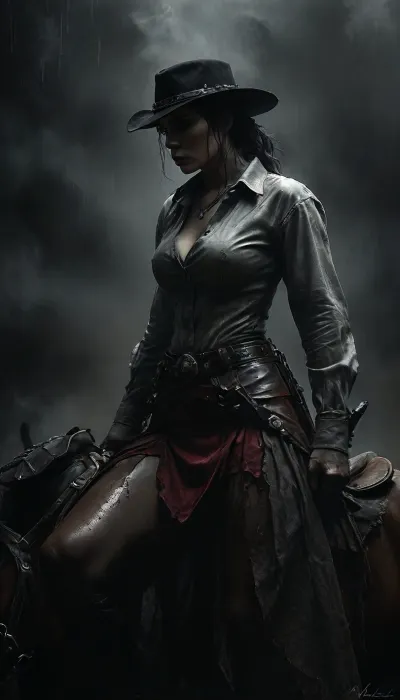 Monochrome, Wild West 1790, a super sexy athletic and flat-chested gunslinger riding her horse through the amazing Rocky Mountains on a hard rainy day, (sits on horse saddle:1.7), lasso on saddle, (entire horse in frame:1.3), (hard rain:1.3), (soaked wet clothes:1.3), she wears, (a wet long beige dirty used coat:1.3), underneath a wet white cotton rough men's shirt with buttons, (a wet dark red miniskirt:1.4), (black fishnet stockings:1.4), cowboy boots, (a cartridge belt with a pistol holder around her waist:1.4), her very wet black hat is pulled low over her face, perfect face, perfect hands, dangerous aura, leaning forward against the rain and mist, wet perfect horse, breathtaking nature, (oil lamp in one hand:1.3), warm golden lamplight in rainy darkness, emphasizing a cinematic, dystopian cowboy atmosphere, art Style & Technique is a dirty old style, Ultra-realistic digital painting with cinematic depth of field. Highly detailed texturing on leather, skin, and hair, dramatic contrast lighting and warm oil lamp light, a sharp foreground focus and a slightly blurred background to create depth, masterpiece, best quality, ultra-detailed, cinematic lighting, wild west, smoking weed, cannabis, Ultra-realistic Western art, highly detailed, cinematic moody lighting, tense but charismatic atmosphere, FRESHIDEAS, Real, Photography, 2#, Black, and, white, art, black, shading, charcoal, toned, brutal, dark, b/w, color, scheme, kisyu, horse, full body view, riding, <lora:FRESHIDEAS Real Photography 2#:.8>, <lora:MJ52:.8>, <lora:Black and white art.V1:1.9>, <lora:kisyu_XL_V1.0:.8>, <lora:dark:.2>