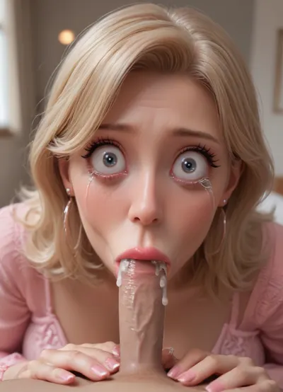 fellatrix artstyle, fellatrix style, POV, (milf, bimbo:1.9), sexy, blowjob, (eye contact), (wide eyes:2.3), (vacuum blowjob:1.7), big lips, (cum:1.3), (tears:1.8), (small penis:1.3), bra, long fingernails, foreskin