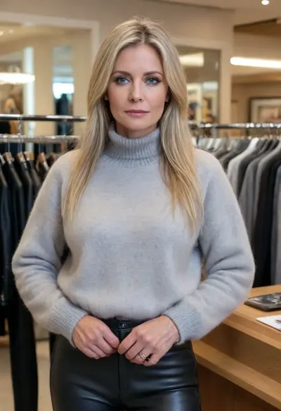 (masterpiece, best quality:1.2), 1 italian 50yo woman, solo, (black leather pants:1.3), (light grey high neck mohair sweater:1.4), silver necklaces and bangles, long straight blonde hair, bright ice blue eyes, hair with middle parting, hair tucked behind ears, stands indoors in an busy luxury fashion store, serious look, photorealism, <lora:SDXLHighDetail_v6-000005:.5>, <lora:Detailed_female_hands-000001:.5>