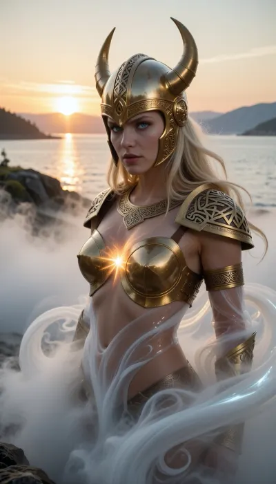8k hyper-realistic cinematic masterpiece. A divine blonde Valkyrie materializing out of a thick, swirling Scandinavian fog at dawn. Her lower body is ethereal, seamlessly merging with the heavy white mist as if she is being formed by the cold air itself. As she emerges, her upper body gains sharp, physical definition, she wears a majestic, historical 'spectacle' helmet of polished gold, devoid of horns, featuring intricate Nordic knotwork that frames her fierce, piercing ice-blue eyes. Her golden breastplate is immaculate, catching the first fiery rays of the rising sun and glowing with an inner celestial radiance. Her expression is one of cold, savage authority, looking down with a dominant gaze. The fog around her isn't just a background, it coils and spirales around her silhouette like living spirits. The sun, low on the fjord’s horizon, creates a blinding golden halo, turning the mist into a sea of liquid light. Volumetric lighting, 'God rays' piercing through the veil of the apparition. 50mm lens, f/1.8, razor-sharp focus on the metallic texture of the helmet and the intense clarity of her gaze. A breathtaking moment of mythological manifestation, pure and transcendent.