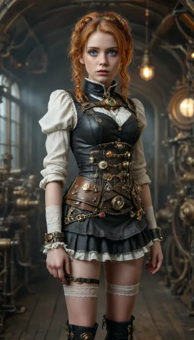 (legs apart), (knees up:1.1), full body portrait of a cute frightened 18-year-old ginger 1886 steampunk apprentice, (her eyes are full of fear and dread), (her small breasts are covered by a clockwork steampunk bullet-proof vest), her skirt is raised showing her small round butt, she is standing with one leg slightly raised.

she is in a super cute girly-power steampunk airship cockpit surrounded by elaborate gear-and-cog controls and levers, fantastical cloud-scape view out porthole, blushing, symmetrical eyes, hard eye-contact, beautiful eyes, perfect face, her hands are not visible, (masterpiece, perfect illumination, ultra detailed, best quality), (detailed face), photorealistic, shiny skin, highly detailed skin, dramatic lighting, highly realistic messy hair, detailed messy hair, DonMSt34mPXL, cybersteam, sophialillis101, <lora:DonMSt34mPXL-000006:.4>, <lora:cybersteam-SDXL:.4>, <lora:Steampunk_Apparel_for_FLUX:.4>, <lora:Sophia_Lillis_SDXL_101:2>