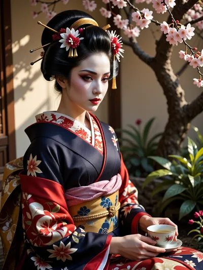 Create a captivating image of a beautiful Japanese geisha seated gracefully in a serene garden, surrounded by blooming cherry blossoms. She wears traditional attire with vibrant patterns and intricate Kanzashi hairpins adorning her elegantly styled hair. Her face features intense flawless white makeup, with striking black and red eyeliner accentuating her expressive eyes. The scene is bathed in soft, golden morning light, casting delicate shadows that enhance the textures of her kimono and the garden flora. Utilize a rich colour palette of deep reds, soft pinks, and lush greens to evoke tranquillity. The composition should focus on the geisha gently holding a teacup, creating a sense of calm and contemplation. Aim for ultra realistic style with high quality and high detail, that beautifully captures the intricacies of her attire and the intricate details of the garden, blending realism with a touch of traditional Japanese art style.