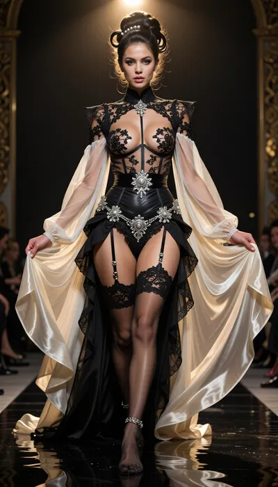 8k high-fashion runway photograph. A dark, liquid-like reflective catwalk. A stunning woman walks with a majestic, fluid gait. She wears an insolent couture ensemble made of the finest black Chantilly lace, a structured, see-through corset featuring ultra-thin silk ribs, completely transparent to reveal her breasts through the delicate floral mesh. Underneath the sheer layers, a wide, sophisticated silk garter belt with intricate embroidery and shiny sterling silver clasps is clearly visible, with its taut straps firmly holding up sheer lace-topped stockings. Draped over her arms, an immense, floor-length negligee of pleated silk chiffon billows and floats behind her like a translucent aura, intentionally parted at the front to showcase her entire figure and the detailed garter assembly with poetic boldness. Her hair is styled in a sophisticated, voluminous editorial updo, with glossy, sculpted waves and fine pearls woven into the strands. The lighting is cinematic and dramatic, a warm, powerful spotlight from above carves her silhouette, creating a golden 'halo' effect on the sheer fabric and highlighting the silver glints of the garter clasps and the radiance of her skin. Shot from a low angle with an 85mm lens, f/1.8, for a razor-sharp focus on the embroidery and the metallic details. Rich palette of deep black, champagne gold, and luminous skin tones. Breathtakingly sexy and ultra-sophisticated.