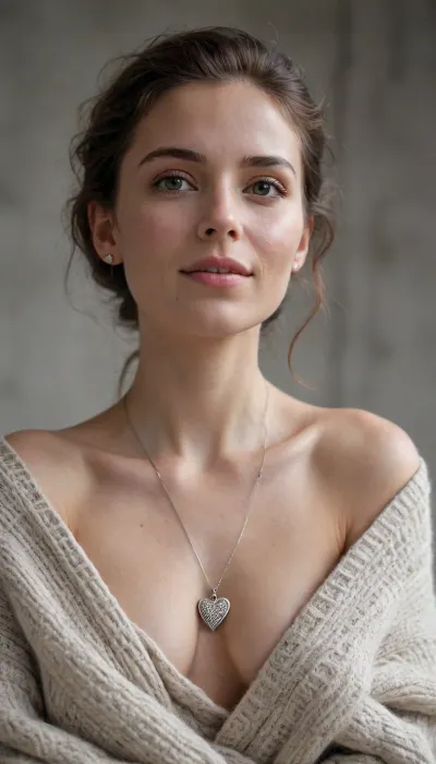 The scene is a tightly focused, high-key portrait set against a smooth, dove-grey concrete wall. The woman from image_10.png is positioned centrally, her face showing a flushed glow and a confident, direct gaze, smiling slightly at the camera. Her hair, the distinctive textured auburn curls, is messily pushed back, adding to the raw energy. She is wrapped in a voluminous, heavily textured, cream-colored knitted throw, which she holds clutched to her front, emphasizing her bare shoulders and collarbone. Her arms are angled, revealing the skin texture and her simple jewelry, including the heart pendant visible at her neck and the silver earrings. The perspective is slightly low, creating a sense of presence. The lighting is extremely dramatic, with harsh, focused studio spotlights from above casting stark, deep shadows and brilliant highlights on her skin, the texture of the knitwear, and her face, almost like a fashion-forward minimalist sculptural study. The focus is incredibly sharp on her expression and immediate surroundings, with the concrete wall quickly dissolving into a dark, abstract blur. This image is rendered in stunning 8k resolution with hyper-realistic skin details.