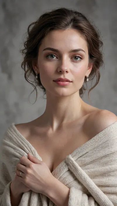 The scene is a tightly focused, high-key portrait set against a smooth, dove-grey concrete wall. The woman from image_10.png is positioned centrally, her face showing a flushed glow and a confident, direct gaze, smiling slightly at the camera. Her hair, the distinctive textured auburn curls, is messily pushed back, adding to the raw energy. She is wrapped in a voluminous, heavily textured, cream-colored knitted throw, which she holds clutched to her front, emphasizing her bare shoulders and collarbone. Her arms are angled, revealing the skin texture and her simple jewelry, including the heart pendant visible at her neck and the silver earrings. The perspective is slightly low, creating a sense of presence. The lighting is extremely dramatic, with harsh, focused studio spotlights from above casting stark, deep shadows and brilliant highlights on her skin, the texture of the knitwear, and her face, almost like a fashion-forward minimalist sculptural study. The focus is incredibly sharp on her expression and immediate surroundings, with the concrete wall quickly dissolving into a dark, abstract blur. This image is rendered in stunning 8k resolution with hyper-realistic skin details.