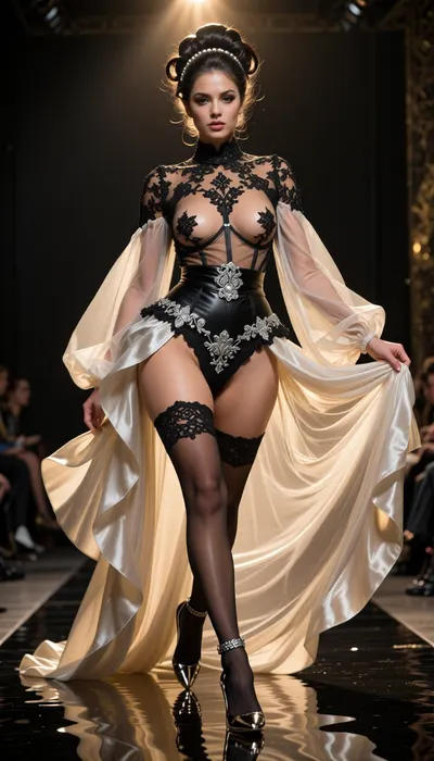 8k high-fashion runway photograph. A dark, liquid-like reflective catwalk. A stunning woman walks with a majestic, fluid gait. She wears an insolent couture ensemble made of the finest black Chantilly lace, a structured, see-through corset featuring ultra-thin silk ribs, completely transparent to reveal her breasts through the delicate floral mesh. She wears a wide, sophisticated silk garter belt with intricate embroidery and sterling silver clasps, holding up sheer lace-topped stockings, paired with architectural high-heeled stilettos featuring sharp metallic accents. Draped over her arms, an immense, floor-length negligee of pleated silk chiffon billows and floats like a translucent aura, revealing her entire figure with a poetic and daring boldness. Her hair is styled in a sophisticated, voluminous editorial updo, with glossy, sculpted waves and fine pearls woven into the strands. The lighting is cinematic and dramatic, a warm, powerful spotlight from above carves her silhouette, creating a golden 'halo' effect on the sheer fabric and highlighting the microscopic textures of the lace and the radiance of her skin. Shot from a low angle with an 85mm lens, f/1.8, for a razor-sharp focus on the embroidery and the silver glints. Rich palette of deep black, champagne gold, and luminous skin tones. Breathtakingly sexy and ultra-sophisticated.