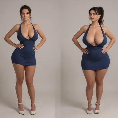 Sexy adult realistic illustration of a sultry, Voluptuous young woman, Photorealistic diptych portrait of the same curvy woman in, (two panels side-by-side:1.3), against a seamless studio background separated by a thin vertical gap, left panel full-frontal view, right panel full-back view, model wearing a form-fitting, (red:1.3), micro mini bodycon dress with deep V neckline, (large cleavage:1.3), (hyper erect nipples:1.3), in front and low scoop back, white high heels, left pose, confident stance, one hand on hip, other hand lightly touching collarbone, soft natural expression, subtle makeup, loose bangs framing face, right pose, hands on hips, hair pulled into a mid-height ponytail revealing back, weight shifted to one leg, even soft studio lighting, clean soft shadows, high detail skin texture, realistic cloth folds, accurate anatomy and proportions, cinematic color grading, ultra-detailed 4k photoreal, crisp edges, neutral tones, minimal post-processing., (detailed skin texture:1.2), soft expression, massive underbutt, (curvaceous body type:1.3), (huge round ass:1.3), (massive round ass:1.3), (bulging bubble butt:1.3), cleft ass, deep buttcrack, (suggestive pose:1.3), (8k, ultra sharp, professional), <lora:bottomheavy_v1_sdxl_LoRA:2>, <lora:BodyLicious:2>, <lora:4panel:.8>