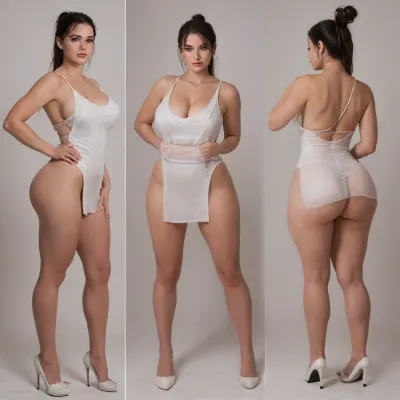 Sexy adult realistic illustration of a sultry, Voluptuous young woman, Photorealistic diptych portrait of the same curvy woman in, (two panels side-by-side:1.3), against a seamless studio background separated by a thin vertical gap, left panel full-frontal view, right panel full-back view, model wearing a form-fitting, (red:1.3), micro mini bodycon dress with deep V neckline, (large cleavage:1.3), (hyper erect nipples:1.3), in front and low scoop back, white high heels, left pose, confident stance, one hand on hip, other hand lightly touching collarbone, soft natural expression, subtle makeup, loose bangs framing face, right pose, hands on hips, hair pulled into a mid-height ponytail revealing back, weight shifted to one leg, even soft studio lighting, clean soft shadows, high detail skin texture, realistic cloth folds, accurate anatomy and proportions, cinematic color grading, ultra-detailed 4k photoreal, crisp edges, neutral tones, minimal post-processing., (detailed skin texture:1.2), soft expression, massive underbutt, (curvaceous body type:1.3), (huge round ass:1.3), (massive round ass:1.3), (bulging bubble butt:1.3), cleft ass, deep buttcrack, (suggestive pose:1.3), (8k, ultra sharp, professional), <lora:bottomheavy_v1_sdxl_LoRA:2>, <lora:BodyLicious:2>, <lora:4panel:.8>