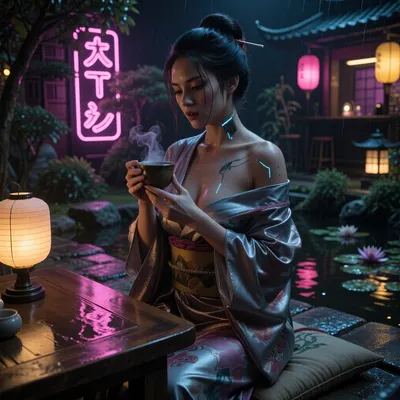 Japanese geisha in a neon Japanese garden at night, futuristic Japanese noir, futuristic silk kimono partially loosened on one side, cinematic reflections, moody lighting, (subtle background glowing lanterns, pink and yellow, and their reflections), she holds in her hands a tea cup, a bit of vapor coming from it that she looks at, (((there is not other cup that the one she drinks of))), traditional Japanese wood table, she sits on a traditional Japanese pillow, calm night atmosphere, cyberpunk, a small traditional Japanese garden pond with water lilies in the background . lingering moisture on stone surfaces, post-rain reflections, she is illuminated by a dim paper lantern on the table, deep shadows, heavy darkness, in background there is a bar sign in Japanese characters in pink neon, wet hair, subtle cybernetic circuits across her left shoulder and neck skin, A24 movie aesthetic, cinematic picture, masterpiece, soft rim lighting, beautiful face, subtle grain, zoom on her from waist to head