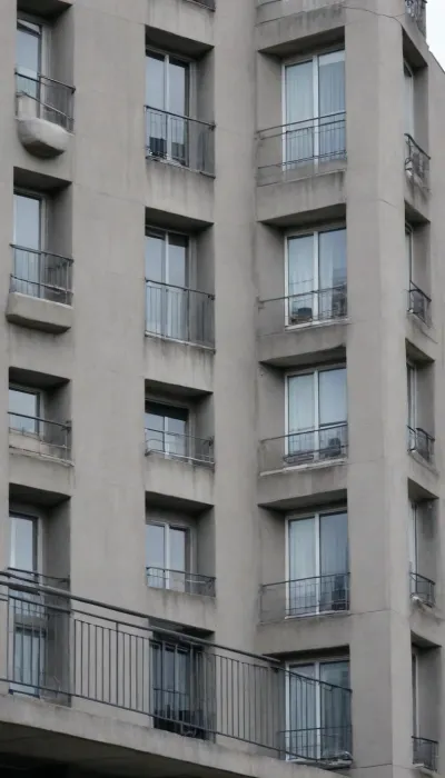 Two naked womens stand on the balconies, smoking, looking at each other, on either side of the entrance windows. Morning, city outskirts, early summer. A nine-story panel building. Long. View of the corner entrance. A gray, shabby building with large balconies facing the facade. There are also balconies on either side of the entrance windows, which are gray, cloudy, and cracked.