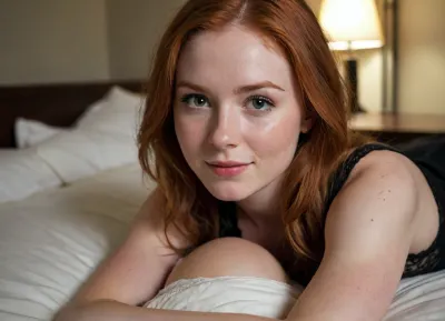 candid photo, Adorable 25 year old athletic beauty, long redhead hair, she is laying next to you on a bed, dark dorm room, wearing comfy sweatpant pjs, tight lace bralette, cleavage, small smile, ultimate realism, poor lighting, at night, dark, night, realistic detailed skin texture, focus on realistic face, Sun-kissed skin