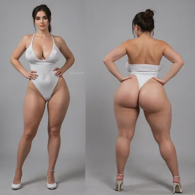 Sexy adult realistic illustration of a sultry, Voluptuous young woman, Photorealistic diptych portrait of the same curvy woman in, (two panels side-by-side:1.3), against a seamless studio background separated by a thin vertical gap, left panel full-frontal view, right panel full-back view, model wearing a form-fitting, (red:1.3), micro mini bodycon dress with deep V neckline, (large cleavage:1.3), (hyper erect nipples:1.3), in front and low scoop back, white high heels, left pose, confident stance, one hand on hip, other hand lightly touching collarbone, soft natural expression, subtle makeup, loose bangs framing face, right pose, hands on hips, hair pulled into a mid-height ponytail revealing back, weight shifted to one leg, even soft studio lighting, clean soft shadows, high detail skin texture, realistic cloth folds, accurate anatomy and proportions, cinematic color grading, ultra-detailed 4k photoreal, crisp edges, neutral tones, minimal post-processing., (detailed skin texture:1.2), soft expression, massive underbutt, (curvaceous body type:1.3), (huge round ass:1.3), (massive round ass:1.3), (bulging bubble butt:1.3), cleft ass, deep buttcrack, (suggestive pose:1.3), (8k, ultra sharp, professional), <lora:bottomheavy_v1_sdxl_LoRA:2>, <lora:BodyLicious:2>, <lora:4panel:.8>