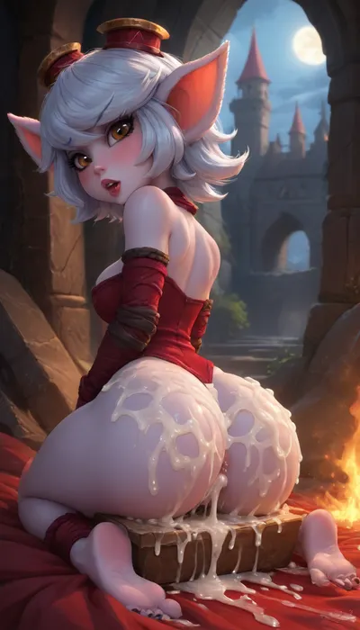 reiq, innv, Cutesexyrobutts, (Jack cayless art style), solo, (tristana from league of legends:2), showing asshole, showing breasts, hand on her ass, grabbing ass, spreading ass, asshole, barefoot, showing feet, blue nail polish, large ass, moaning, blushing, looking over shoulder at viewer, dark castle, outside at night, (excessive amounts of cum on ass:1.8), (cum dripping from asshole:1)