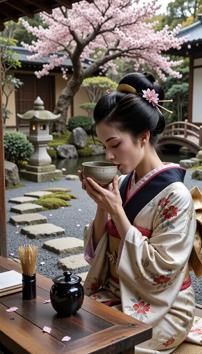 Cinematic photography of a Geisha in a Japanese garden, wearing an ornate silk kimono, Katsura wig, and Kanzashi hairpins. Both of her hands are delicately cupping a ceramic Chawan bowl, gracefully bringing it to her lips. Beside her on a wooden table, a bamboo Chasen whisk and a small, cylindrical black lacquer Natsume tea container with a flat lid. The ground is made of grey raked Zen sand with a traditional Tobi-ishi stone stepping path and sparse moss patches. In the mid-ground, a stone Kasuga lantern and a small curved wooden bridge over a stream. In the background, a large blossoming cherry tree with falling pink petals. 8k, hyper-realistic, elegant hand posture, sharp focus on the textures, serene atmosphere.