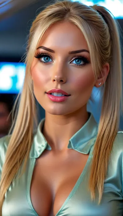 25 years old blonde air hostess, view from below. She is leaning in close to seduce you with her cleavage, she wants to fuck, super sexy leaning down to whisper to you to follow her to fuck, satin hostess uniform, cleavage, ((long blonde pony tail)), sensual eyes, close up, (open mouth, excited, orgasm, anticipation), <lora:attractive_notrigger:2>, <lora:BUT_SDXL_SHS:1.5>, <lora:Vivid Midjourney mimic - XL SDXL v2.0:1.9>