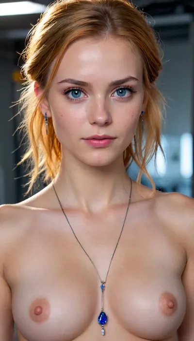 tender european 18 years old, young adult girl, honey golden hair, (Cybernetic Laboratory:1.2), gray eye, naked fullfrontal, nude fullfrontal, no panties, pantyless, (red nipples:1), (tits:1), pussy, skinny, solo, 1 woman, symmetrical face, masterpiece, best quality, beautiful, blue and yellow color, soft light, (line of horizon zero dawn), (earrings:1.2), (diamond, sapphire, amber, jewelry:1.3), (electric wires:1.3), HD, Full HD, boke, HDR photo