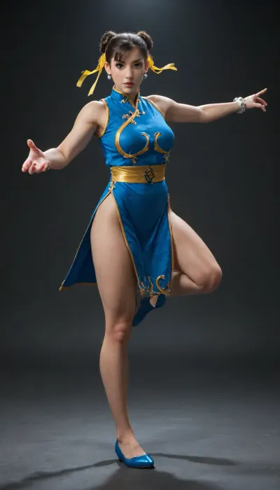 Photograph, Chun Li from the Street Fighter video game series. Chun Li is portrayed with fair skin and light brown hair styled in two buns with yellow ribbons. She has blue eyes and a determined expression. She is dressed in her iconic blue qipao with gold accents, showcasing her slim figure. Her hands are in a fighting stance, showcasing her muscular arms. The background is a misty, dimly lit environment with a blue hue. The image is a full-body shot, highlighting Chun Li's poised and powerful stance. The rendering is highly detailed, with realistic textures on her clothing and accessories., <lora:Chun-Li-SDXL:.8>, <lora:PantyPull-000005:.8>