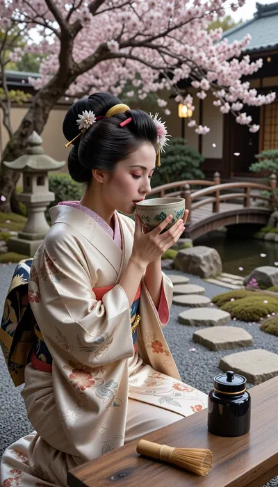 Cinematic photography of a Geisha in a Japanese garden, wearing an ornate silk kimono, Katsura wig, and Kanzashi hairpins. Both of her hands are delicately cupping a ceramic Chawan bowl, gracefully bringing it to her lips. Beside her on a wooden table, a bamboo Chasen whisk and a small, cylindrical black lacquer Natsume tea container with a flat lid. The ground is made of grey raked Zen sand with a traditional Tobi-ishi stone stepping path and sparse moss patches. In the mid-ground, a stone Kasuga lantern and a small curved wooden bridge over a stream. In the background, a large blossoming cherry tree with falling pink petals. 8k, hyper-realistic, elegant hand posture, sharp focus on the textures, serene atmosphere.