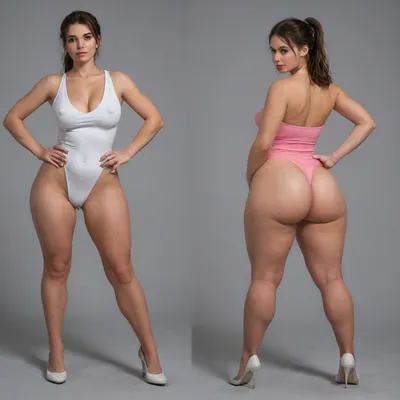Sexy adult realistic illustration of a sultry, Voluptuous young woman, Photorealistic diptych portrait of the same curvy woman in, (two panels side-by-side:1.3), against a seamless studio background separated by a thin vertical gap, left panel full-frontal view, right panel full-back view, model wearing a form-fitting, (red:1.3), micro mini bodycon dress with deep V neckline, (large cleavage:1.3), (hyper erect nipples:1.3), in front and low scoop back, white high heels, left pose, confident stance, one hand on hip, other hand lightly touching collarbone, soft natural expression, subtle makeup, loose bangs framing face, right pose, hands on hips, hair pulled into a mid-height ponytail revealing back, weight shifted to one leg, even soft studio lighting, clean soft shadows, high detail skin texture, realistic cloth folds, accurate anatomy and proportions, cinematic color grading, ultra-detailed 4k photoreal, crisp edges, neutral tones, minimal post-processing., (detailed skin texture:1.2), soft expression, massive underbutt, (curvaceous body type:1.3), (huge round ass:1.3), (massive round ass:1.3), (bulging bubble butt:1.3), cleft ass, deep buttcrack, (suggestive pose:1.3), (8k, ultra sharp, professional), <lora:bottomheavy_v1_sdxl_LoRA:2>, <lora:BodyLicious:2>, <lora:4panel:.8>