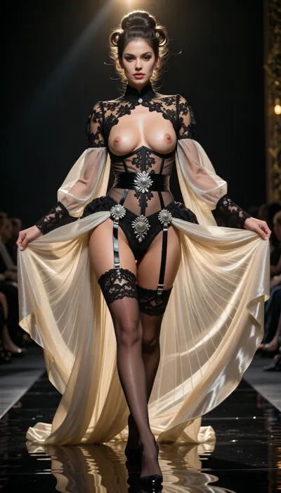8k high-fashion runway photograph. A dark, liquid-like reflective catwalk. A stunning woman walks with a majestic, fluid gait. She wears an insolent couture ensemble made of the finest black Chantilly lace, a structured, see-through corset featuring ultra-thin silk ribs, (completely transparent to reveal her breasts and her nipples), through the delicate floral mesh. Underneath the sheer layers, a wide, sophisticated silk garter belt with intricate embroidery is prominently featured, its multiple sterling silver clasps and four taut silk straps are clearly visible, symmetrically holding up a pair of sheer lace-topped stockings. Draped over her arms, an immense, floor-length negligee of pleated silk chiffon billows and floats behind her like a translucent aura, wide open at the front to showcase her entire figure and the complex garter assembly with poetic boldness. Her hair is styled in a sophisticated, voluminous editorial updo, with glossy, sculpted waves and fine pearls woven into the strands. The lighting is cinematic and dramatic, a warm, powerful spotlight from above carves her silhouette, creating a golden 'halo' effect on the sheer fabric and highlighting the sharp silver glints of the garter hardware and the radiance of her skin. Shot from a low angle with an 85mm lens, f/1.8, for a razor-sharp focus on the embroidery and the metallic details. Rich palette of deep black, champagne gold, and luminous skin tones. Breathtakingly sexy and ultra-sophisticated.